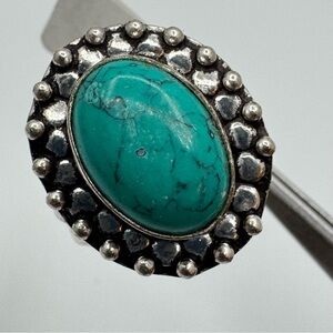 Silver Tone Turquoise Oval Statement Ring Size 9.5 Boho Southwestern